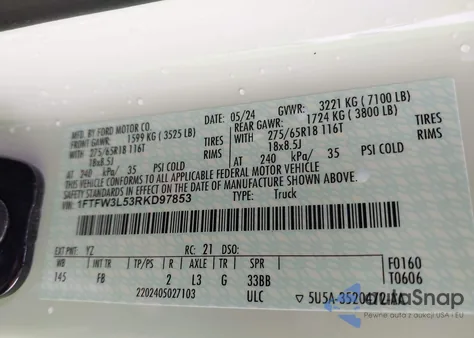 2024 Ford F-150 Xlt z USA, uszkodzony, nr VIN 1FTFW3L53RKD97853